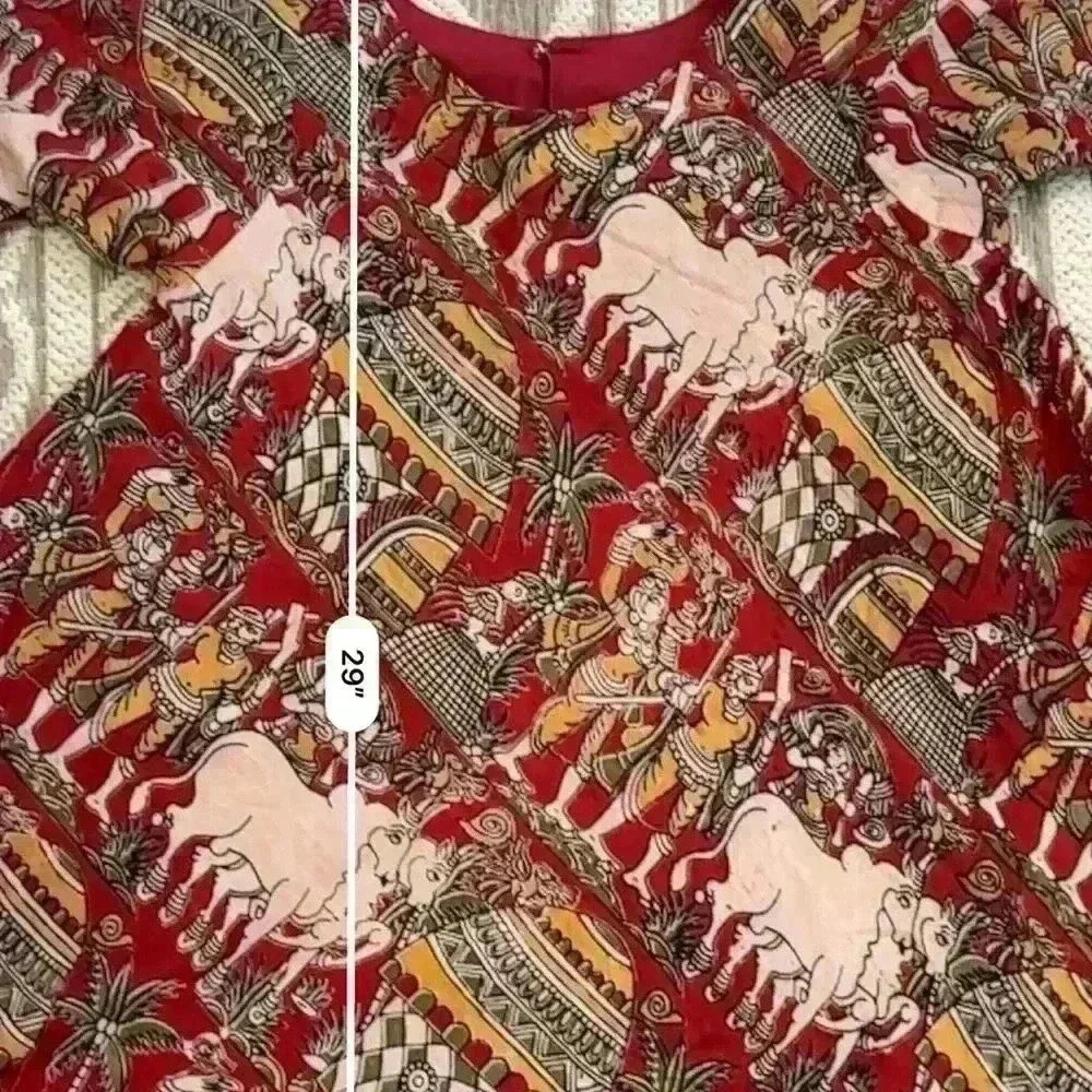 Indian Women Red Cow Floral Printed Round Neck Kurta Kurti Top Tunic Dress Small - Picture 5 of 6
